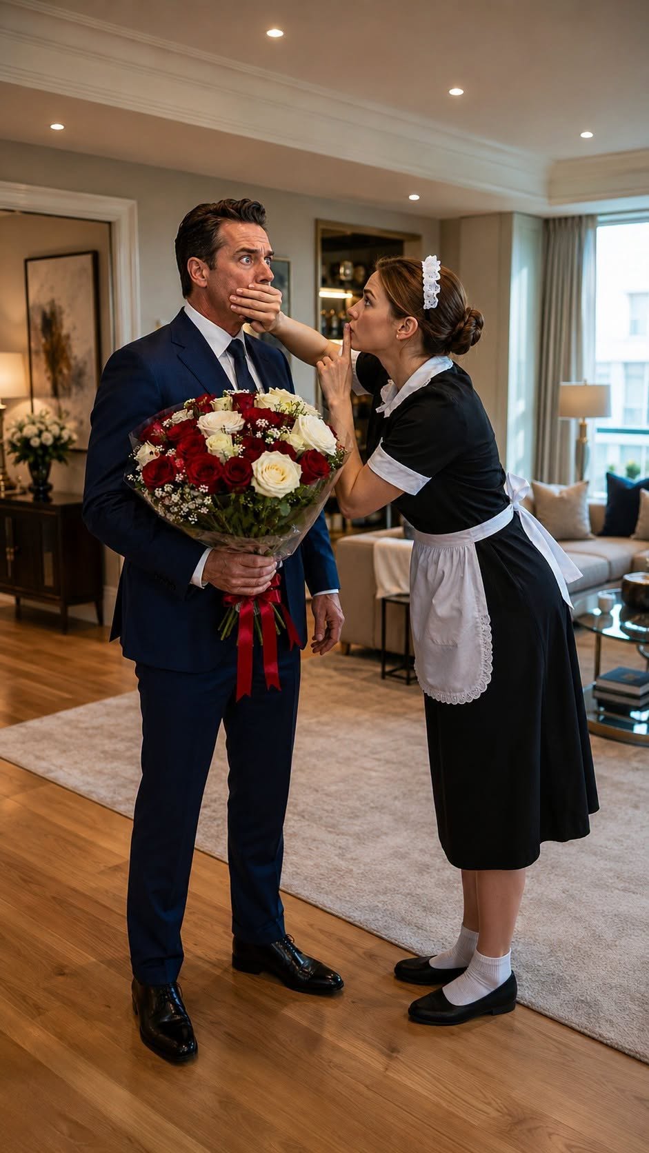 EL MAGNATE LLEGÓ CON ROSAS PARA SU ESPOSA, PERO LA EMPLEADA LE TAPÓ LA BOCA: “¡SILENCIO, TIENE QUE VER ESTO YA!”