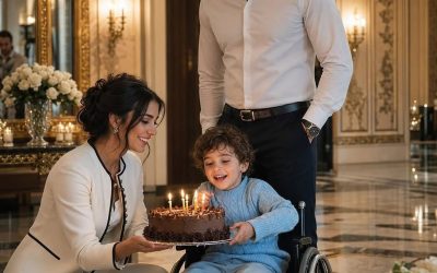 Las velas parpadeaban levemente sobre la fina capa de chocolate, proyectando sombras temblorosas en el mármol reluciente del gran salón. 🎂