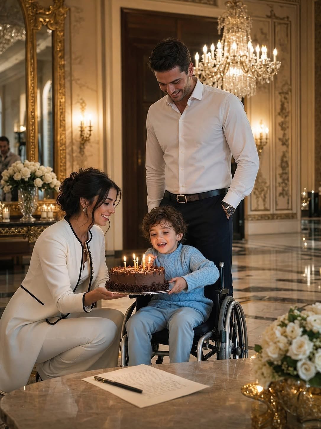 Las velas parpadeaban levemente sobre la fina capa de chocolate, proyectando sombras temblorosas en el mármol reluciente del gran salón. 🎂