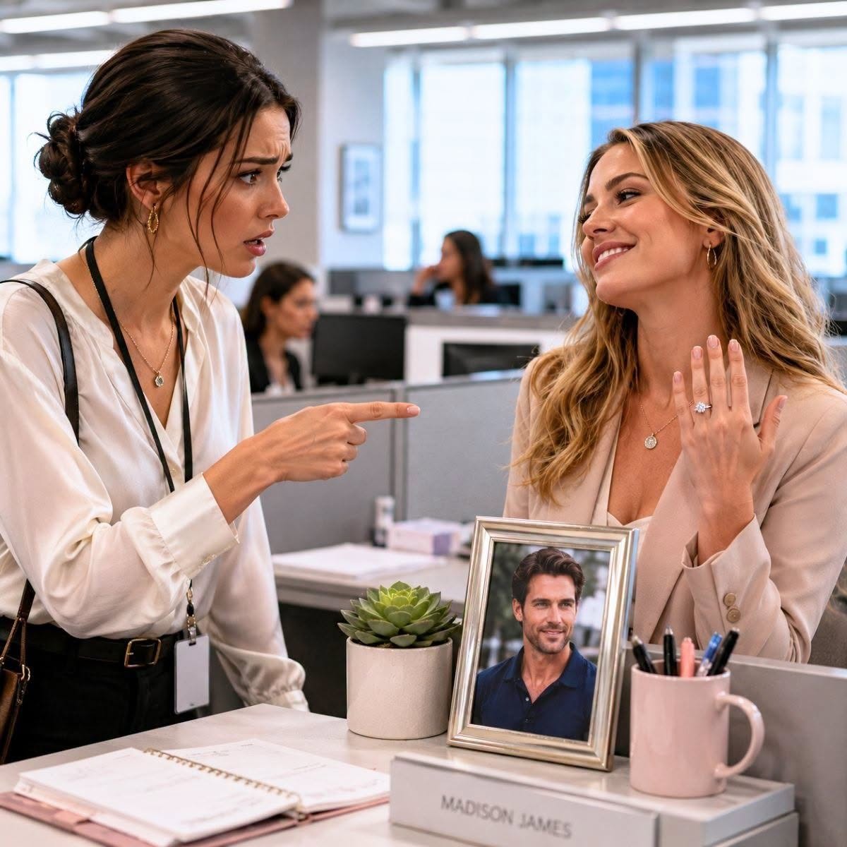 En mi primer día de trabajo, vi la foto de mi esposo en el escritorio de una compañera. Cuando le pregunté quién era, ella sonrió, mostró su anillo y dijo: “Es el hombre con el que me voy a casar.” Entonces entendí que mi matrimonio de 7 años no era la única vida que él estaba viviendo.