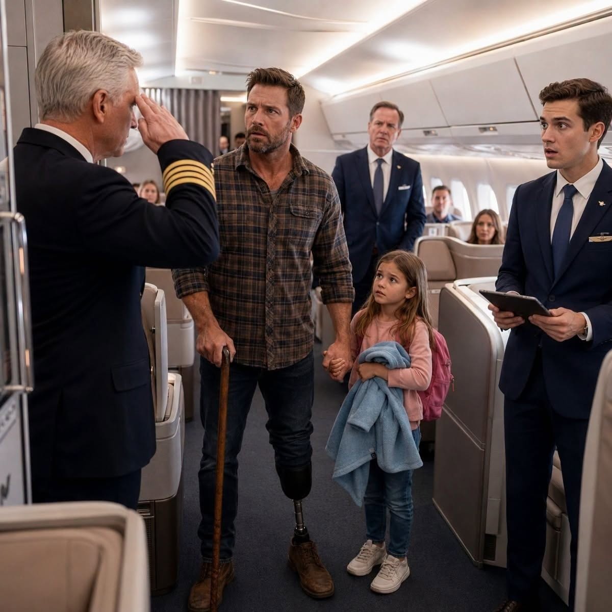 Me hicieron levantarme de Clase Premier con mi hija de 7 años porque “un cliente importante” quería nuestros asientos, pero cuando el capitán leyó mi nombre en el manifiesto del vuelo, salió de la cabina, me saludó como militar y dejó a todos los pasajeros sin una sola palabra.